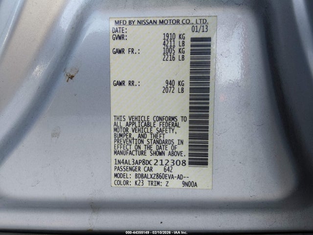 2013 Nissan Altima 2.5 Sl მანქანა იყიდება აუქციონზე, vin: 1N4AL3AP8DC212308, აუქციონის ნომერი: 44355149