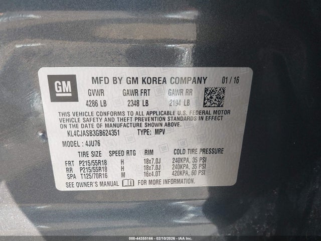 2016 Buick Encore მანქანა იყიდება აუქციონზე, vin: KL4CJASB3GB624351, აუქციონის ნომერი: 44355166