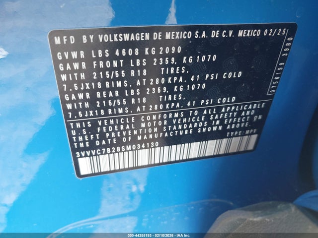 44355193 :رقم المزاد ، 3VVVC7B28SM034130 vin ، 2025 Volkswagen Taos 1.5t Se مزاد بيع
