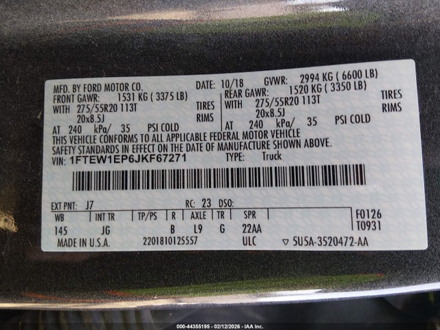 Aukcja sprzedaży 2018 Ford F-150 Xl, vin: 1FTEW1EP6JKF67271, numer aukcji: 44355195