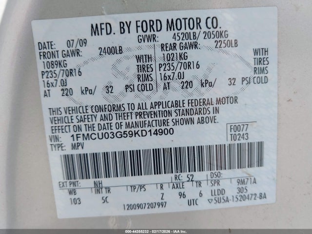 44355232 :رقم المزاد ، 1FMCU03G59KD14900 vin ، 2009 Ford Escape Xlt مزاد بيع