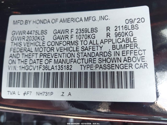 Aukcja sprzedaży 2020 Honda Accord Sport, vin: 1HGCV1F36LA135182, numer aukcji: 44355268