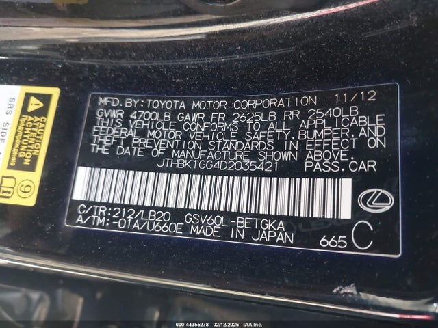 Продаж на аукціоні авто 2013 Lexus Es 350, vin: JTHBK1GG4D2035421, номер лоту: 44355278