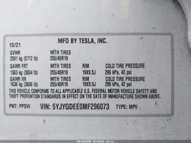 2021 Tesla Model Y Long Range Dual Motor All-wheel Drive მანქანა იყიდება აუქციონზე, vin: 5YJYGDEE0MF296073, აუქციონის ნომერი: 44355296