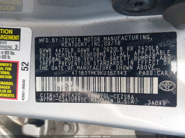 4T1B11HK9KU167143 Toyota CAMRY SE