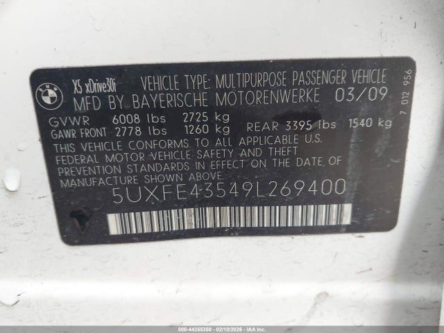 2009 Bmw X5 Xdrive30i მანქანა იყიდება აუქციონზე, vin: 5UXFE43549L269400, აუქციონის ნომერი: 44355350
