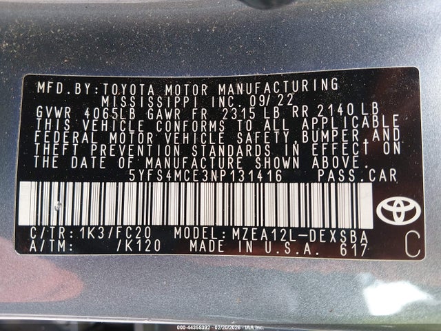 Aukcja sprzedaży 2022 Toyota Corolla Se, vin: 5YFS4MCE3NP131416, numer aukcji: 44355392