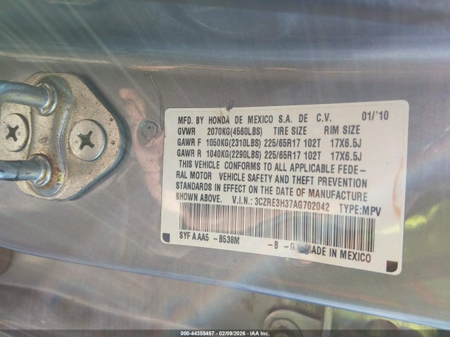 44355457 :رقم المزاد ، 3CZRE3H37AG702042 vin ، 2010 Honda Cr-v Lx مزاد بيع