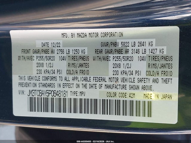 44355485 :رقم المزاد ، JM3TCBAY5P0648181 vin ، 2023 Mazda Cx-9 Touring Plus مزاد بيع