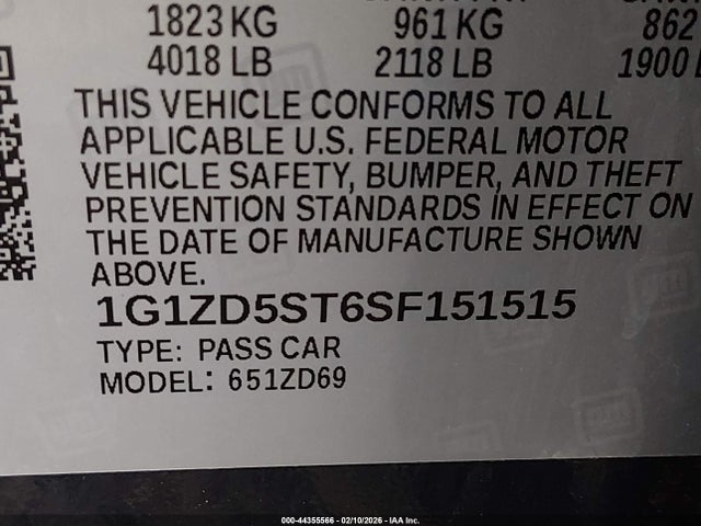 1G1ZD5ST6SF151515 Chevrolet Malibu Fwd 1lt