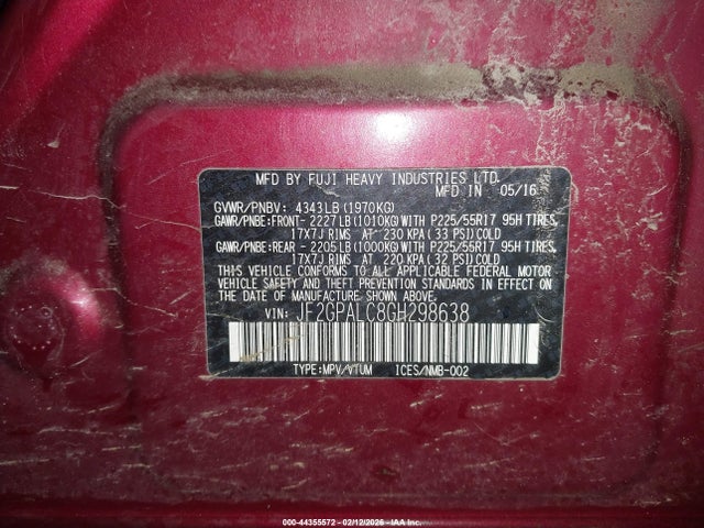44355572 :رقم المزاد ، JF2GPALC8GH298638 vin ، 2016 Subaru Crosstrek 2.0i Limited مزاد بيع