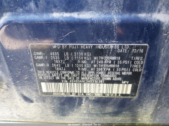 2017 Subaru Outback 2.5i Limited მანქანა იყიდება აუქციონზე, vin: 4S4BSANC2H3316307, აუქციონის ნომერი: 44355597