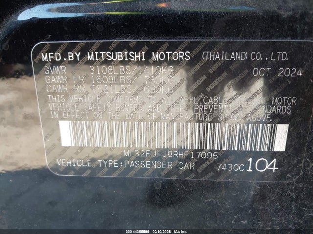 Aukcja sprzedaży 2024 Mitsubishi Mirage G4 Es, vin: ML32FUFJ8RHF17095, numer aukcji: 44355599
