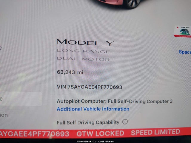 7SAYGAEE4PF770693 Tesla Model Y Awd/long Range Dual Motor All-wheel Drive