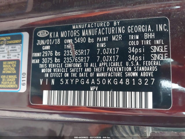 5XYPG4A50KG481327 KIA Sorento 3.3l Lx