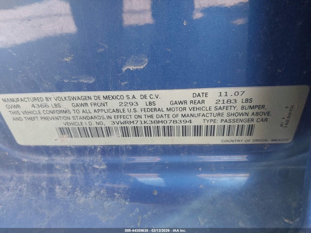 44355638 :رقم المزاد ، 3VWRM71K38M078394 vin ، 2008 Volkswagen Jetta Se/sel مزاد بيع
