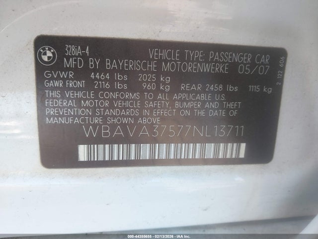 Продаж на аукціоні авто 2007 Bmw 328i, vin: WBAVA37577NL13711, номер лоту: 44355655