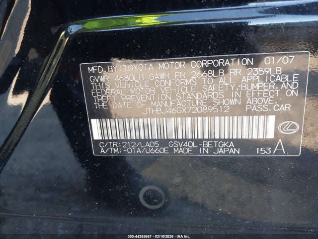 Aukcja sprzedaży 2007 Lexus Es 350, vin: JTHBJ46GX72089512, numer aukcji: 44355667