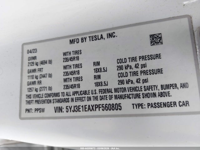 Aukcja sprzedaży 2023 Tesla Model 3 Rear-wheel Drive, vin: 5YJ3E1EAXPF560805, numer aukcji: 44355673