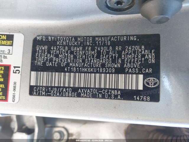 4T1B11HK6KU189309 Toyota CAMRY LE