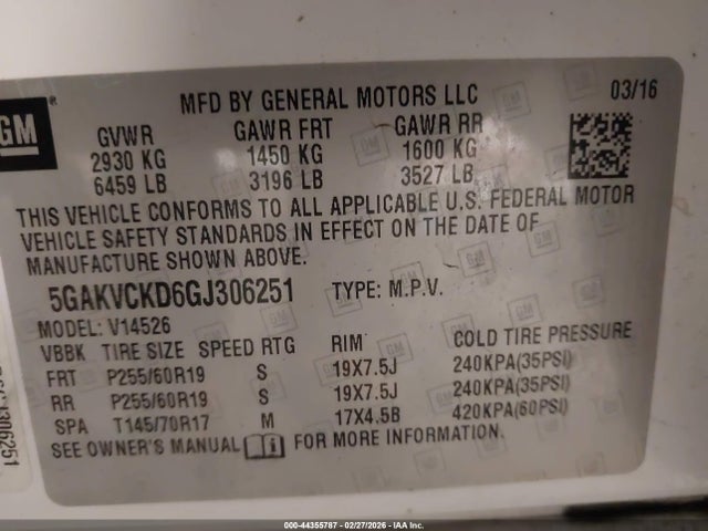 44355787 :رقم المزاد ، 5GAKVCKD6GJ306251 vin ، 2016 Buick Enclave Premium مزاد بيع
