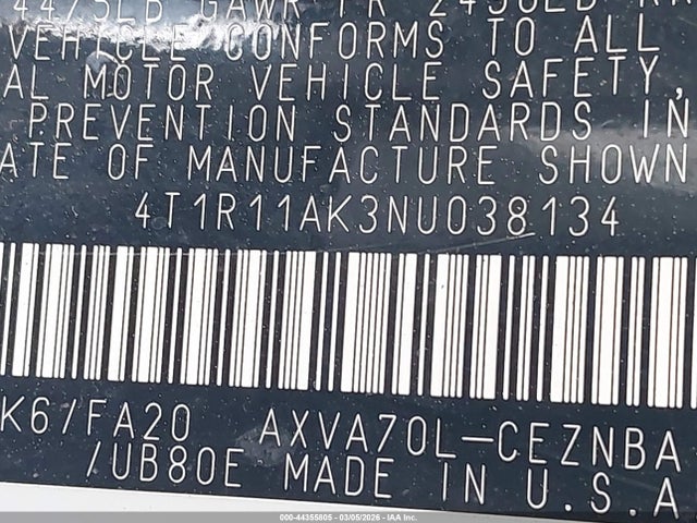 4T1R11AK3NU038134 Toyota CAMRY LE