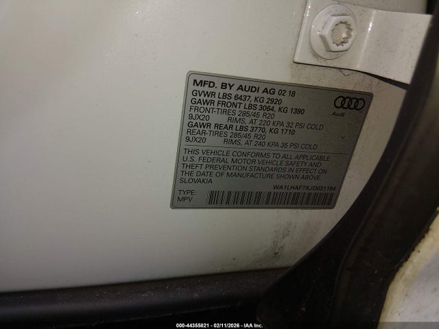 Продаж на аукціоні авто 2018 Audi Q7 2.0t Premium, vin: WA1LHAF7XJD031194, номер лоту: 44355821