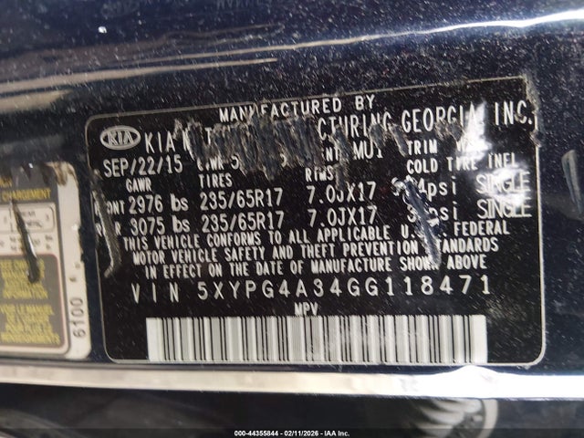 2016 Kia Sorento 2.4l Lx მანქანა იყიდება აუქციონზე, vin: 5XYPG4A34GG118471, აუქციონის ნომერი: 44355844