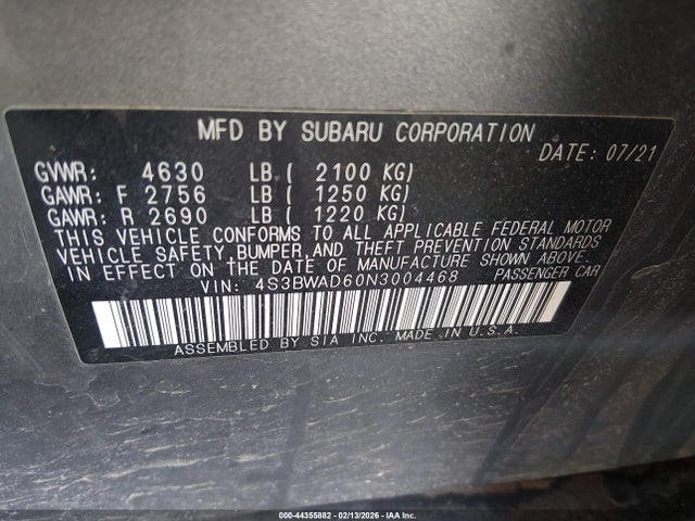 Продажа на аукционе авто 2022 Subaru Legacy Premium, vin: 4S3BWAD60N3004468, номер лота: 44355882