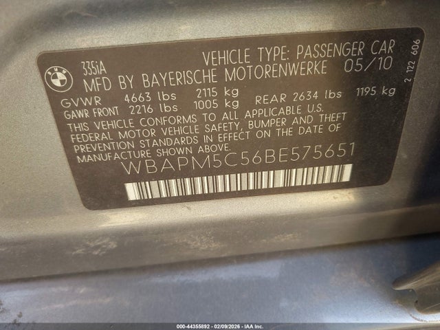 2011 Bmw 335i მანქანა იყიდება აუქციონზე, vin: WBAPM5C56BE575651, აუქციონის ნომერი: 44355892