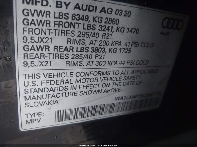 2020 Audi Q7 Premium Plus 55 Tfsi Quattro Tiptronic მანქანა იყიდება აუქციონზე, vin: WA1LXAF73LD007115, აუქციონის ნომერი: 44355898