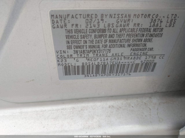 Продажа на аукционе авто 2019 Nissan Sentra Sv, vin: 3N1AB7AP0KY317176, номер лота: 44355906