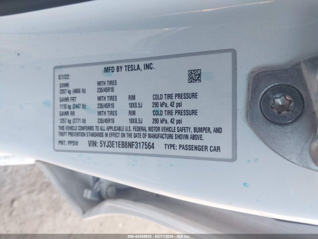 2022 TESLA MODEL 3 5YJ3E1EB8NF317564 Photo 8