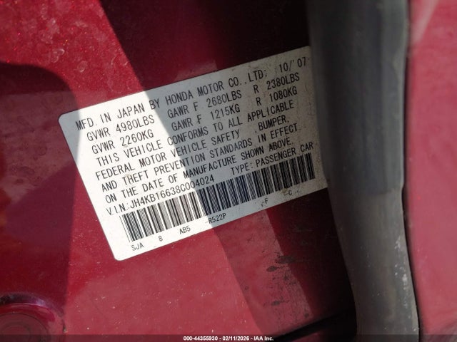 44355930 :رقم المزاد ، JH4KB16638C004024 vin ، 2008 Acura Rl 3.5 مزاد بيع
