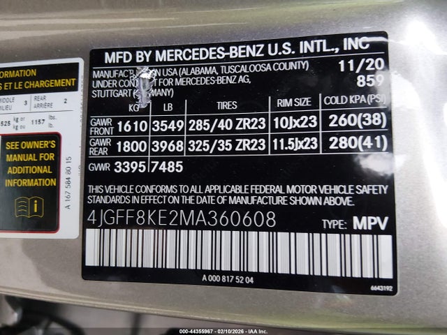 Aukcja sprzedaży 2021 Mercedes-benz Amg Gls 63 4matic, vin: 4JGFF8KE2MA360608, numer aukcji: 44355967
