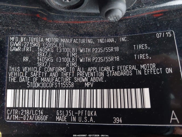 5TDDK3DC0FS115558 Toyota Sienna Xle 7 Passenger