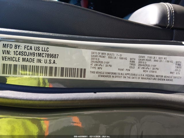 1C4SDJH91MC789687 Dodge Durango Srt Hellcat Awd