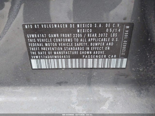 44356086 :رقم المزاد ، 3VW217AU0FM004830 vin ، 2015 Volkswagen Golf Tsi Se 4-door مزاد بيع