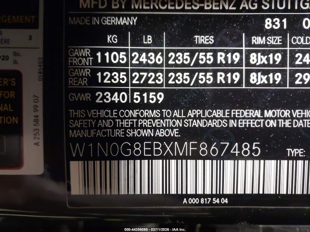 44356090 :رقم المزاد ، W1N0G8EBXMF867485 vin ، 2021 Mercedes-benz Glc 300 4matic Suv مزاد بيع