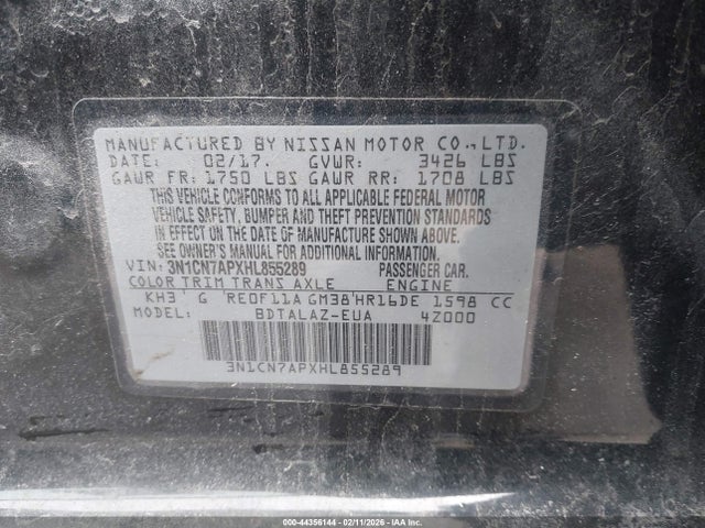 2017 Nissan Versa 1.6 S+ მანქანა იყიდება აუქციონზე, vin: 3N1CN7APXHL855289, აუქციონის ნომერი: 44356144