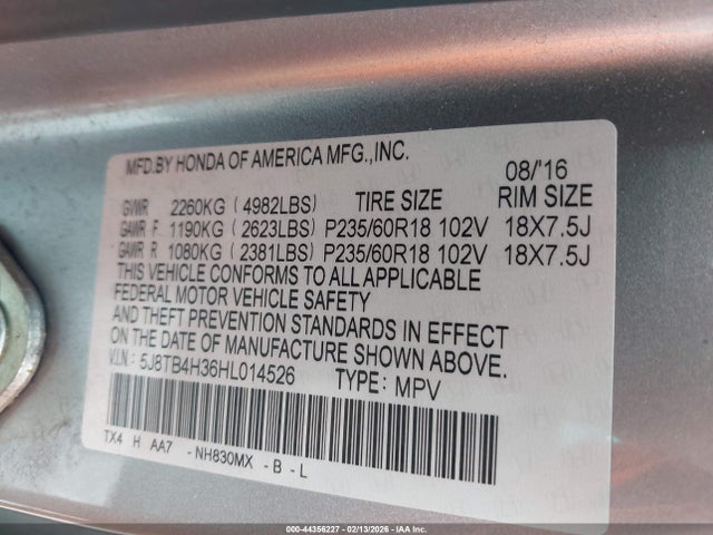 44356227 :رقم المزاد ، 5J8TB4H36HL014526 vin ، 2017 Acura Rdx Acurawatch Plus Package مزاد بيع