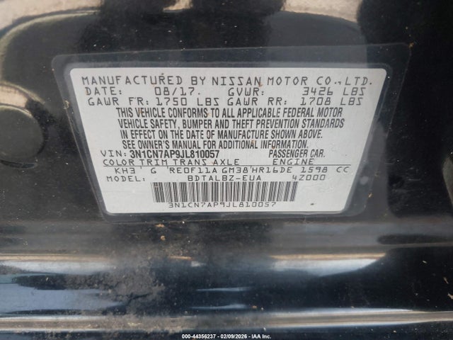 44356237 :رقم المزاد ، 3N1CN7AP9JL810057 vin ، 2018 Nissan Versa 1.6 Sv مزاد بيع