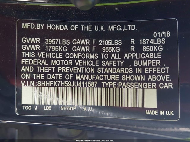 SHHFK7H59JU411587 Honda CIVIC EX
