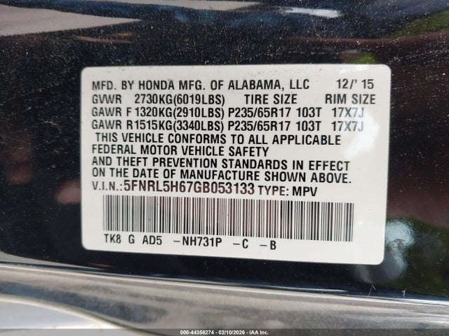 Продажа на аукционе авто 2016 Honda Odyssey Ex-l, vin: 5FNRL5H67GB053133, номер лота: 44356274