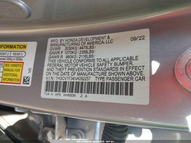 1HGCV1F34NA082257 Honda Accord Sport