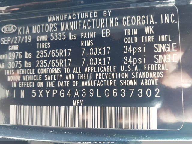 2020 Kia Sorento 2.4l Lx მანქანა იყიდება აუქციონზე, vin: 5XYPG4A39LG637302, აუქციონის ნომერი: 44356356