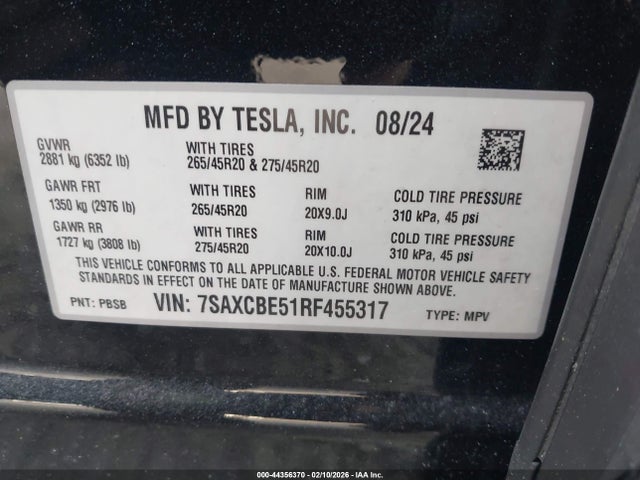 2024 Tesla Model X Long Range მანქანა იყიდება აუქციონზე, vin: 7SAXCBE51RF455317, აუქციონის ნომერი: 44356370