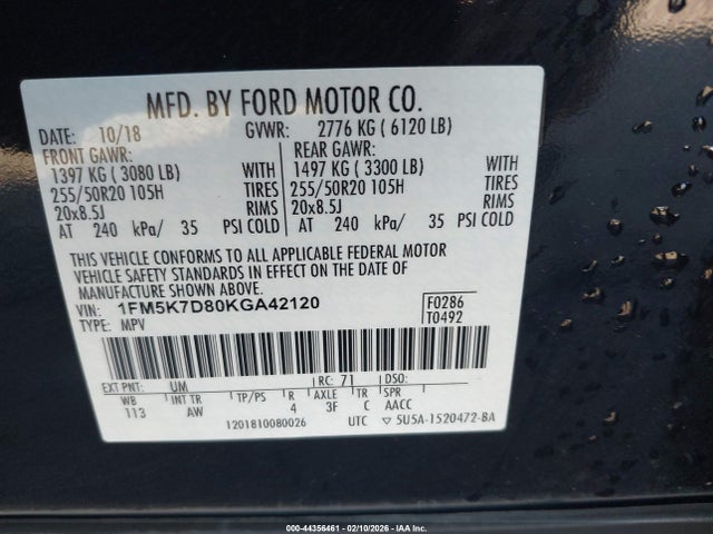 1FM5K7D80KGA42120 Ford EXPLORER XLT