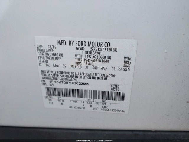 1FM5K7D87GGC22699 Ford EXPLORER XLT