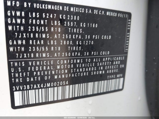 3VV3B7AX4JM002054 Volkswagen Tiguan 2.0t Se/2.0t Sel